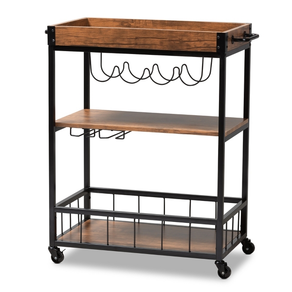 Oak and Black Metal Bar Cart with Bottle Rack Kirklands Home