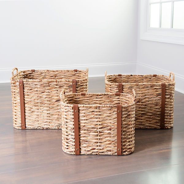 Water Hyacinth Baskets with Leather Trim, Set of 3 | Kirklands Home