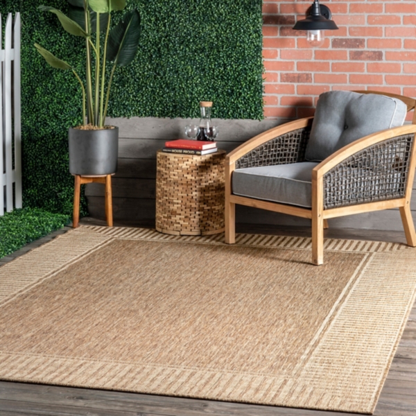 Asia Brown Stripe Border Outdoor Rug