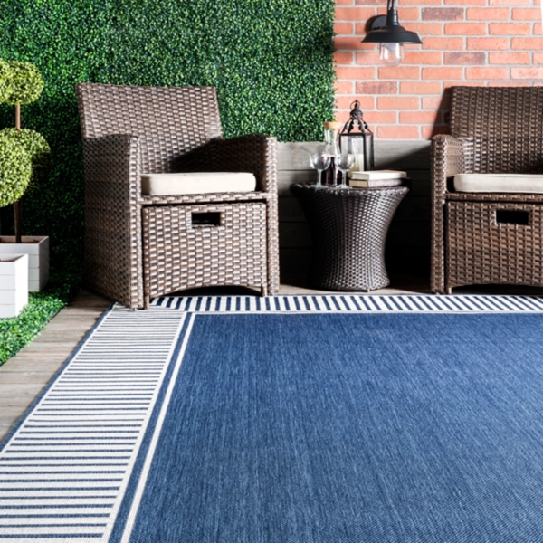 Asia Blue Stripe Border Outdoor Rug
