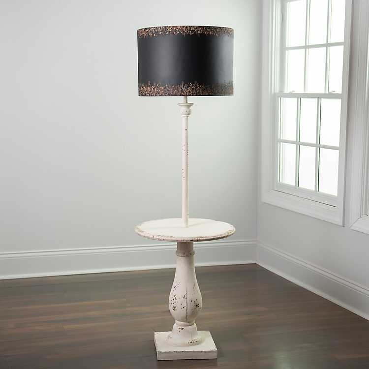 Distressed White Side Table Floor Lamp, Round Low Table Lamp