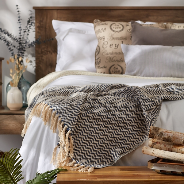 French Blue Chevron Fringe Throw