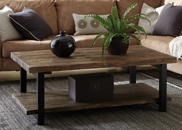 Large Brown Pine Wood and Metal Coffee Table