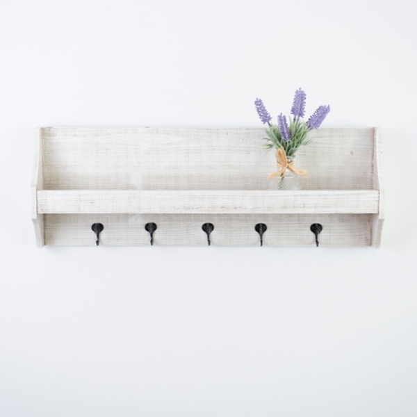 Whitewashed Wood Shelf with Hooks