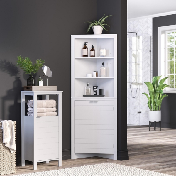 White Open Shelf Corner Cabinet