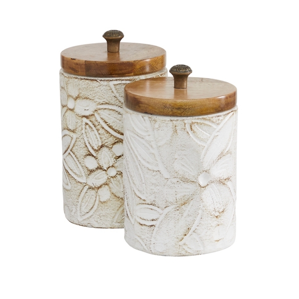 White Floral Jars with Wood Lids, Set of 2