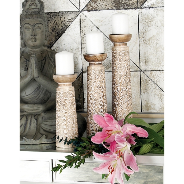 White Washed Floral Wood Candle Holders, Set of 3