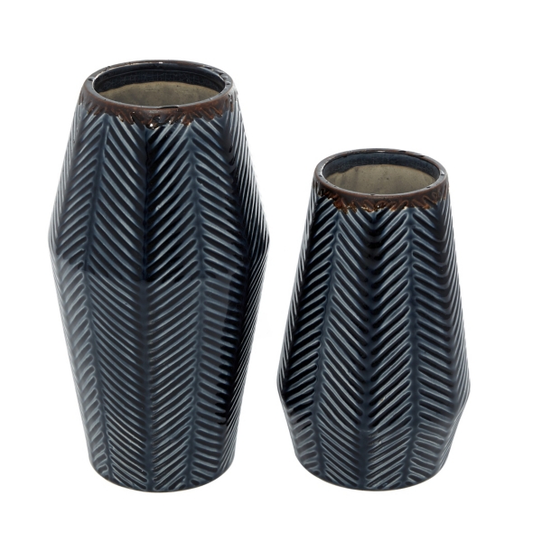 Navy Carved Chevron Ceramic Vases, Set of 2