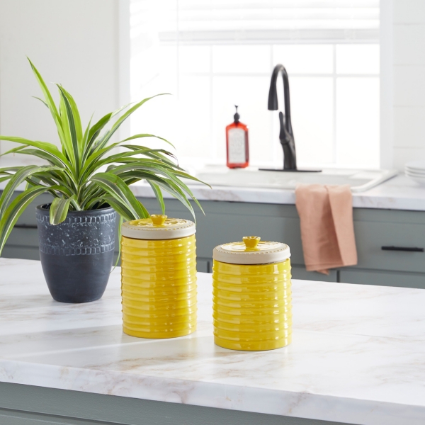 Mustard Ribbed Stoneware Jars, Set of 2
