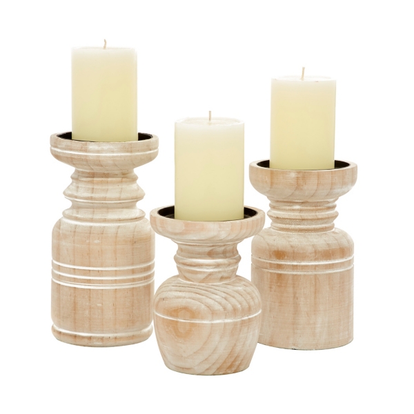 Kensington Hill Whitewashed Carved Pillar Candle Holders Set of 3