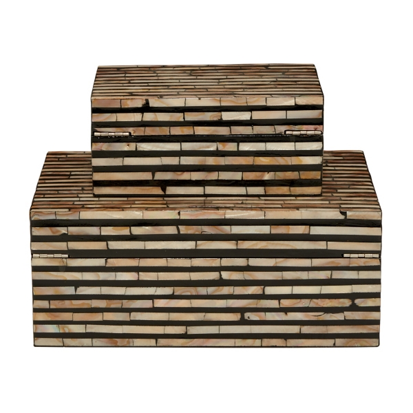 Striped Mother of Pearl Shell Wood Boxes, Set of 2