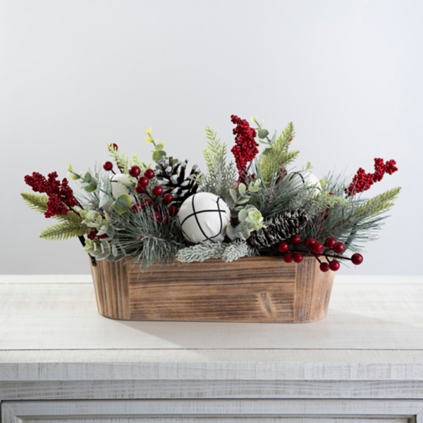 Pine And Berry Christmas Arrangement In Wood Box | Kirklands Home