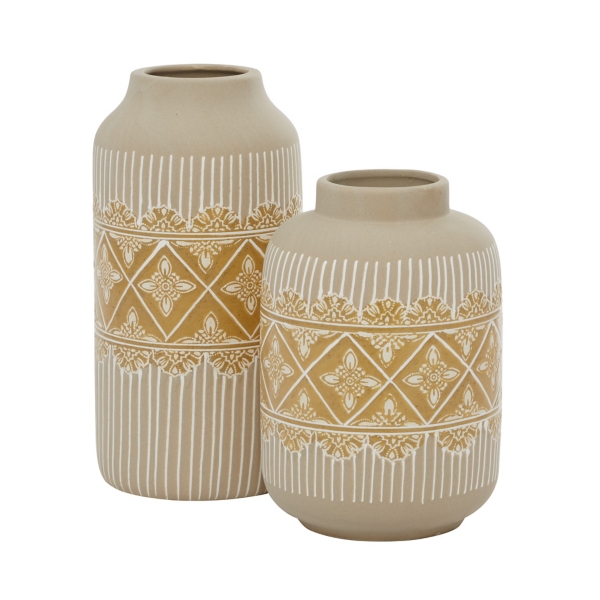 Beige and Yellow Acanthus Print Vases, Set of 2