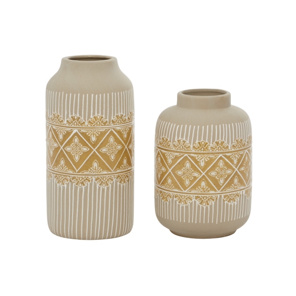 Beige and Yellow Acanthus Print Vases, Set of 2