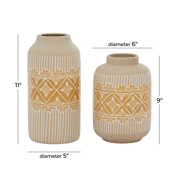 Beige and Yellow Acanthus Print Vases, Set of 2