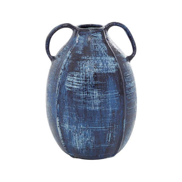 Blue Crosshatch Double Handle Ceramic Vase, 9 in.