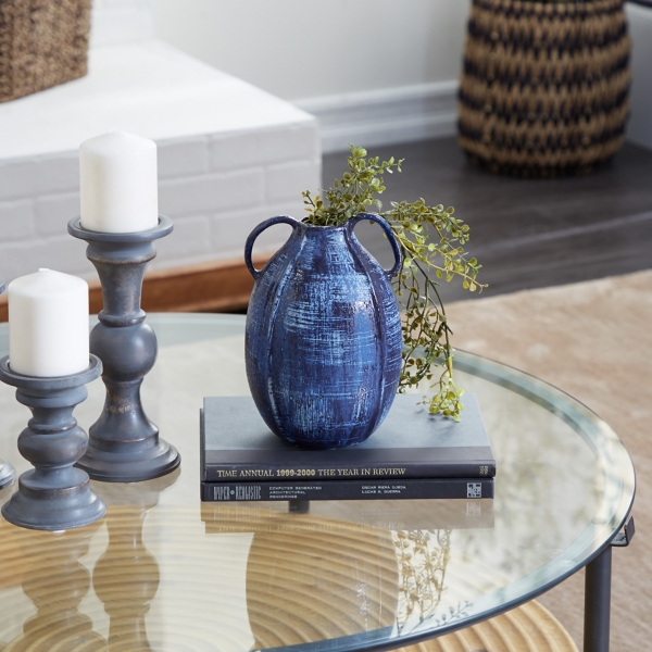 Blue Crosshatch Double Handle Ceramic Vase, 9 in.