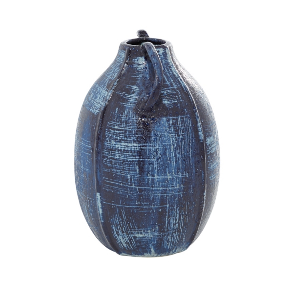 Blue Crosshatch Double Handle Ceramic Vase, 9 in.