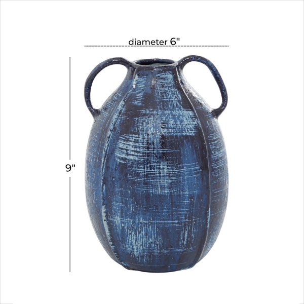Blue Crosshatch Double Handle Ceramic Vase, 9 in.