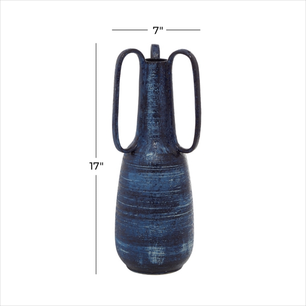 Blue Crosshatch Triple Handle Ceramic Vase, 17 in.