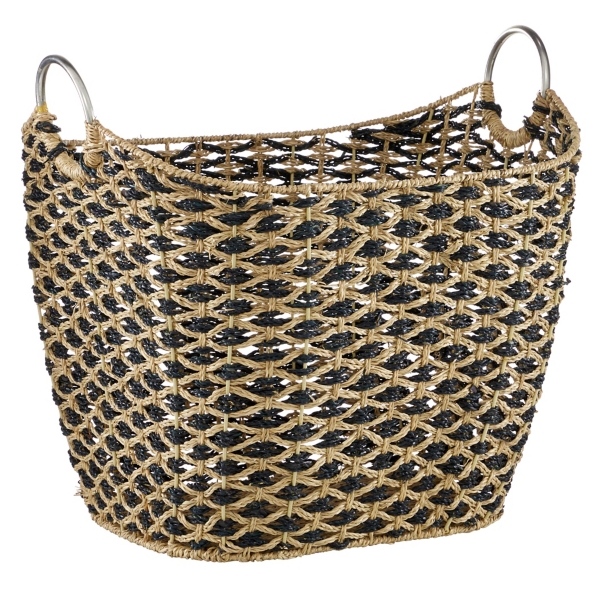 Natural and Black Seagrass Diamond Weave Basket