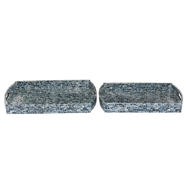 Coastal Blue Wood and Oyster Shell Trays, Set of 2