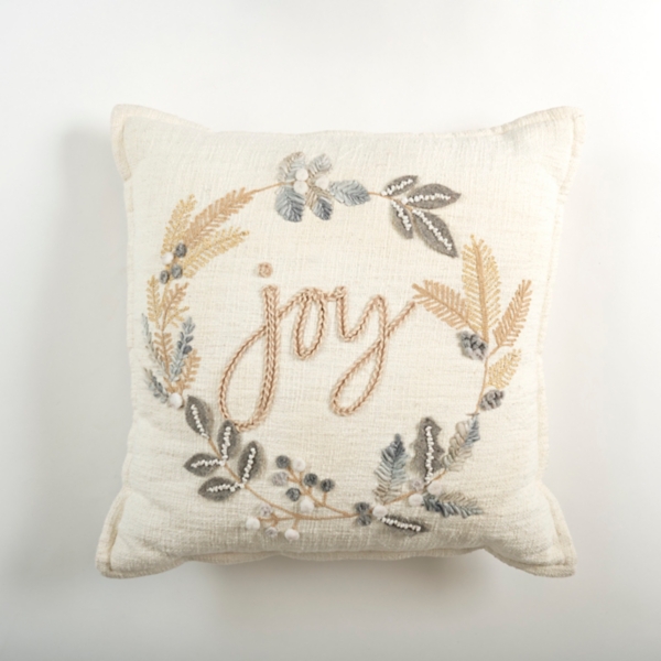 Neutral Flanged Joy Wreath Throw Pillow