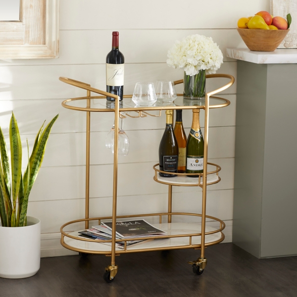Gold Metal and White Marble Bar Cart Kirklands Home