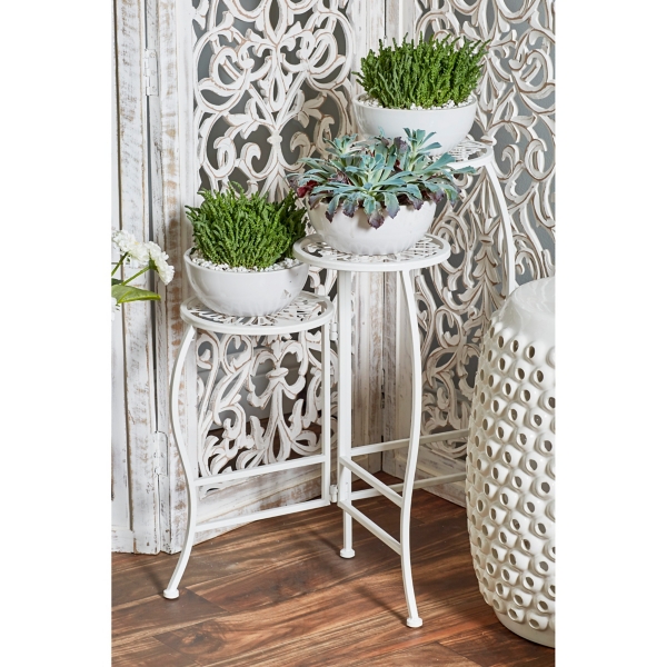 White Metal Floral 3-Tier Plant Stand