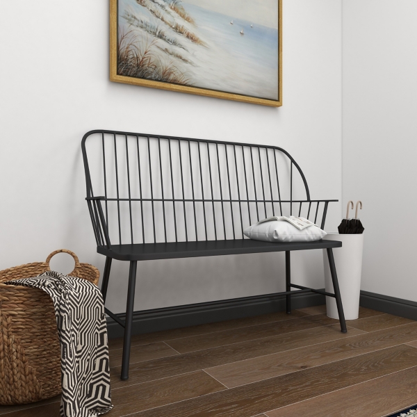 Black Metal Slatted Back Outdoor Bench
