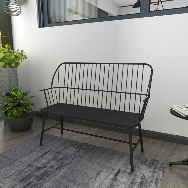 Black Metal Slatted Back Outdoor Bench