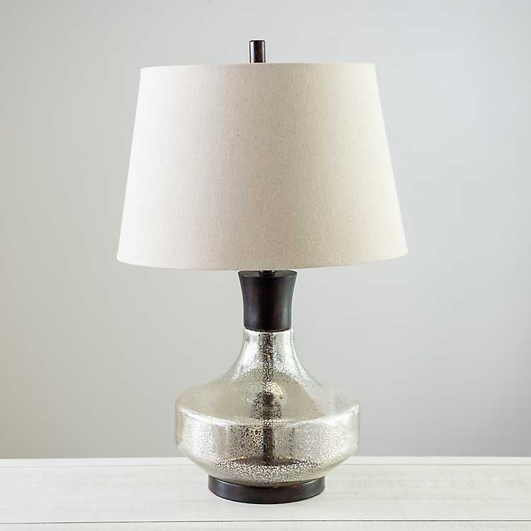 Dropped Fluted Mercury Glass Table Lamp, Mercury Glass Bottle Base Table Lamp With Grey Linen Shade