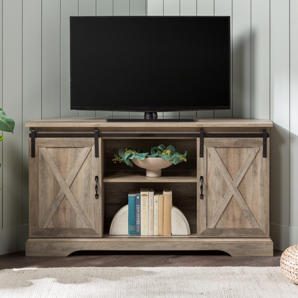 Rustic corner tv stand on sale with barn doors