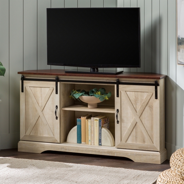 White Oak Sliding Barn Doors Corner Tv Stand | Kirklands Home