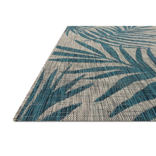 Gray and Aqua Palm Leaves Outdoor Area Rug, 7x10