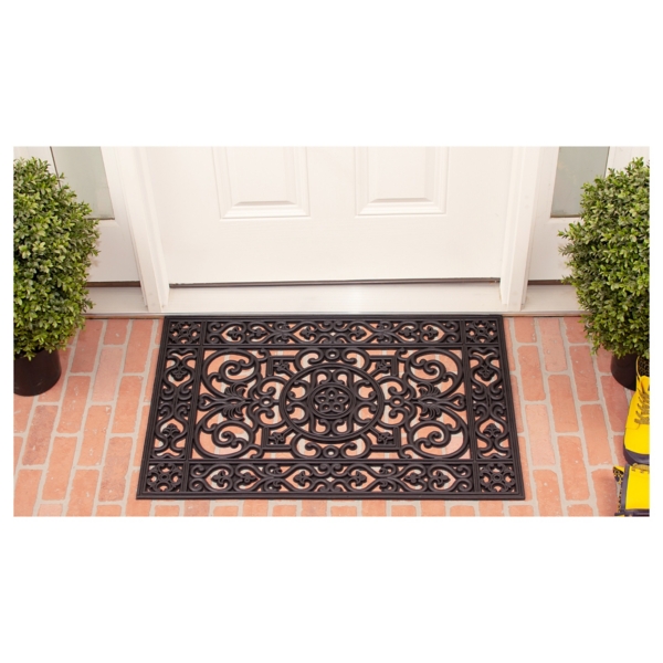 Black Scroll Border Rubber Doormat, 36x24