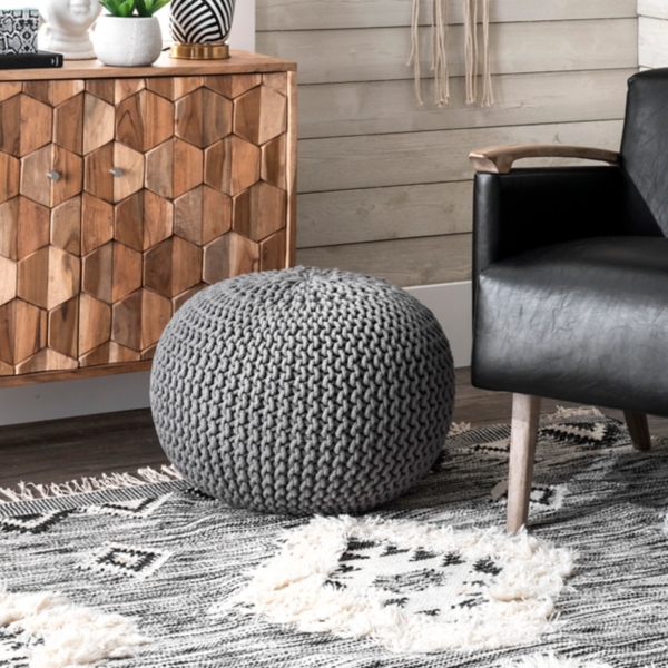 Gray Chain Knitted Round Pouf