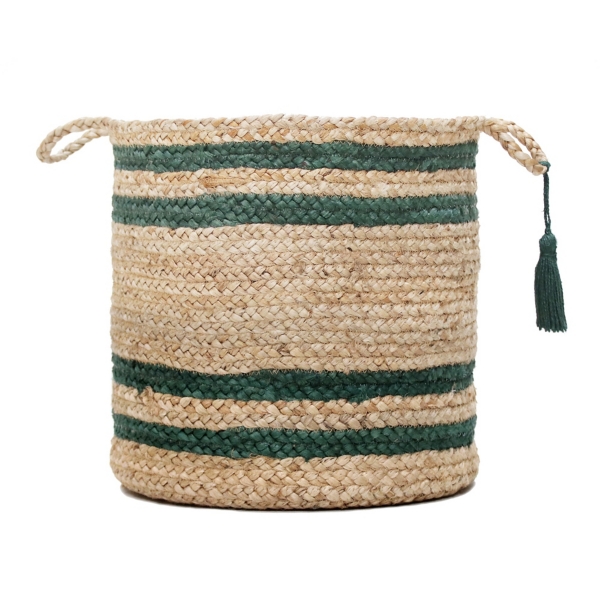 Green Two Stripe Woven Basket with Tassel, 17 in. | Kirklands Home