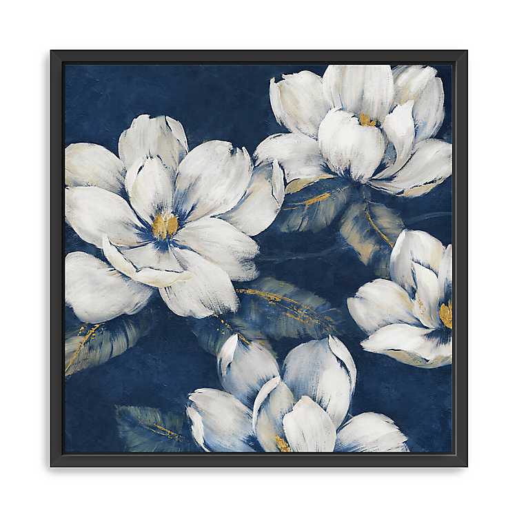 Blue Magnolia Blossom Stretched Canvas Print Framed Wall Home Office Shop Decor 