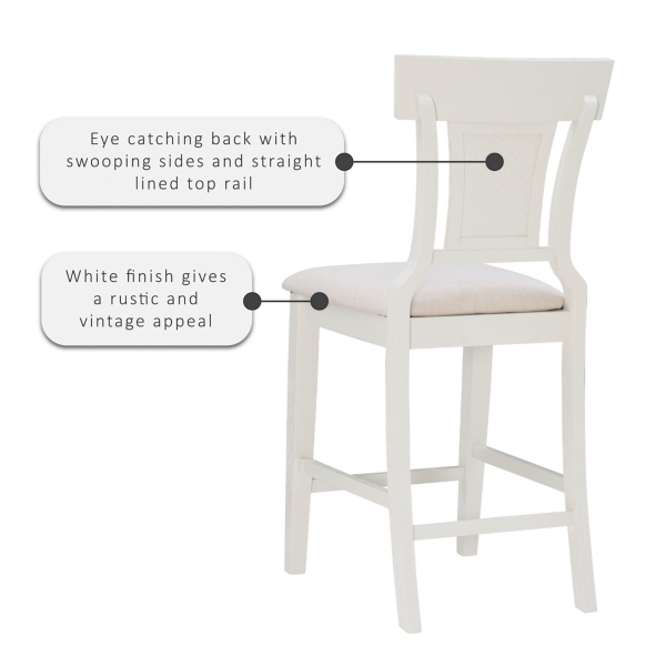 White Wood and Rattan Upholstered Counter Stool