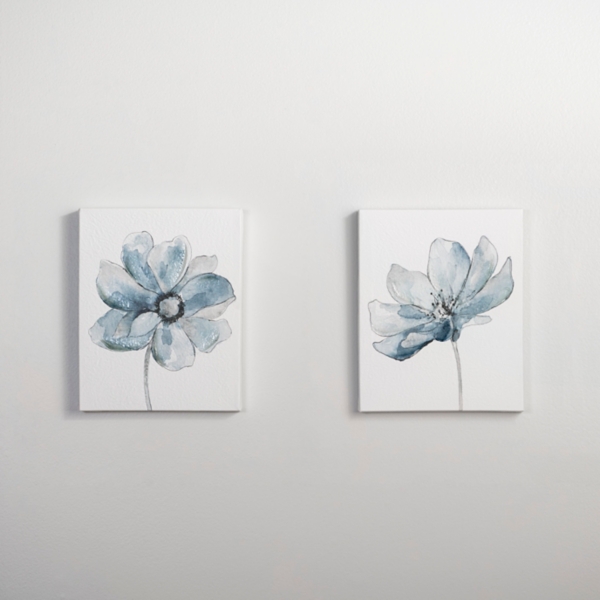 Blue Floral Sketch Canvas Art Prints, Set of 2