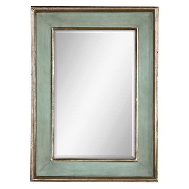Green Antique Silver Leaf Wood Frame, Silver Leaf Beveled Wall Mirror