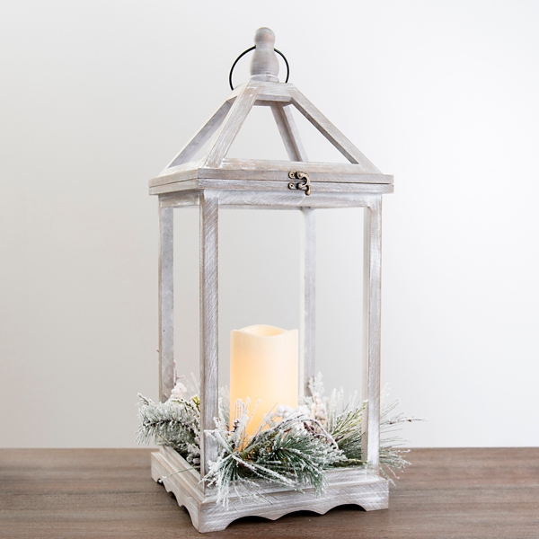 Whitewashed Flocked Pine LED Lantern, 26 in. | Kirklands Home