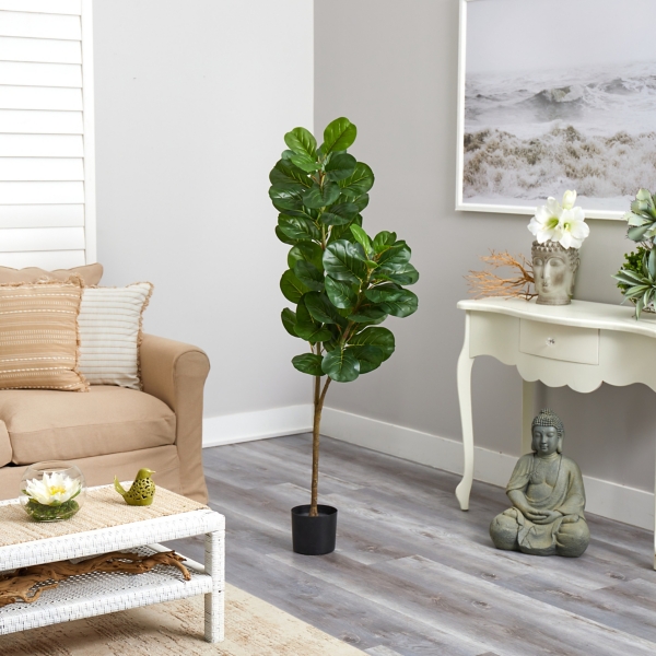 Lifelike Fiddle Leaf Fig in Black Planter, 4.5 ft.