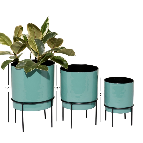 Teal Metal Round Planters with Stands, Set of 3