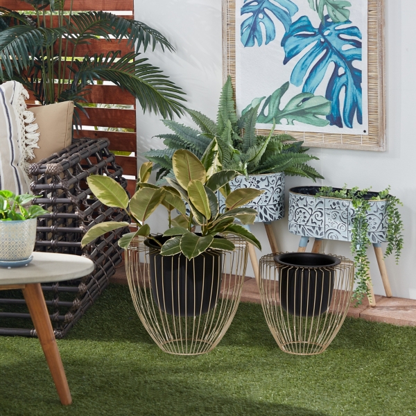 Black and Gold Open Frame Planters, Set of 2