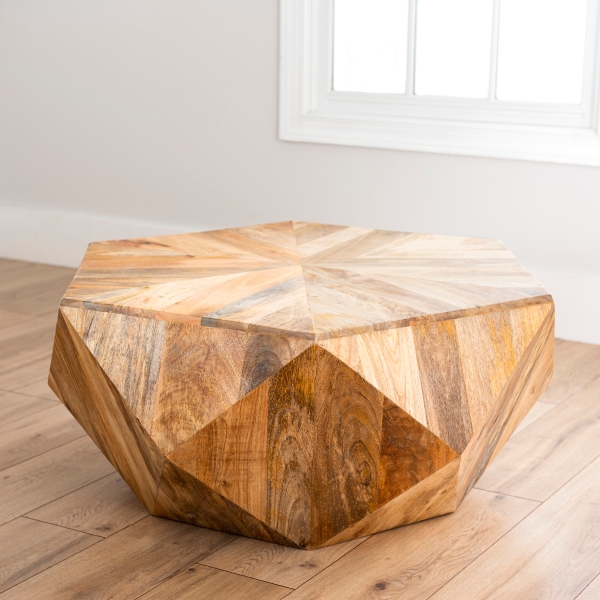 Hexagon side outlet table wood