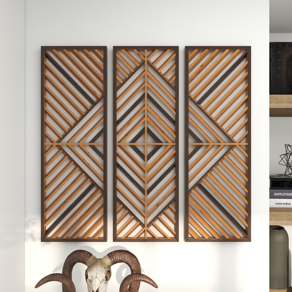 Bronze Tan Wood Geometric Wall Plaques, Set of 3