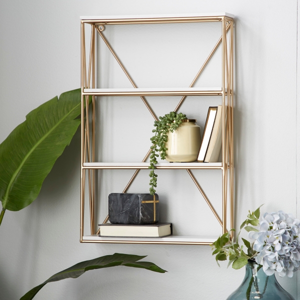 Gold X-Frame Daisy White Wood Wall Shelf