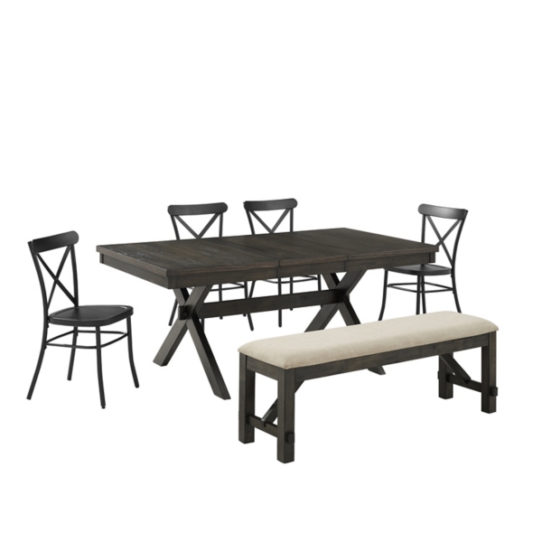 SDF_DINING ST6 MATTE BLK TRESTLE TABLE MTL XBACK CHAIRS BENCH 18.5IN
